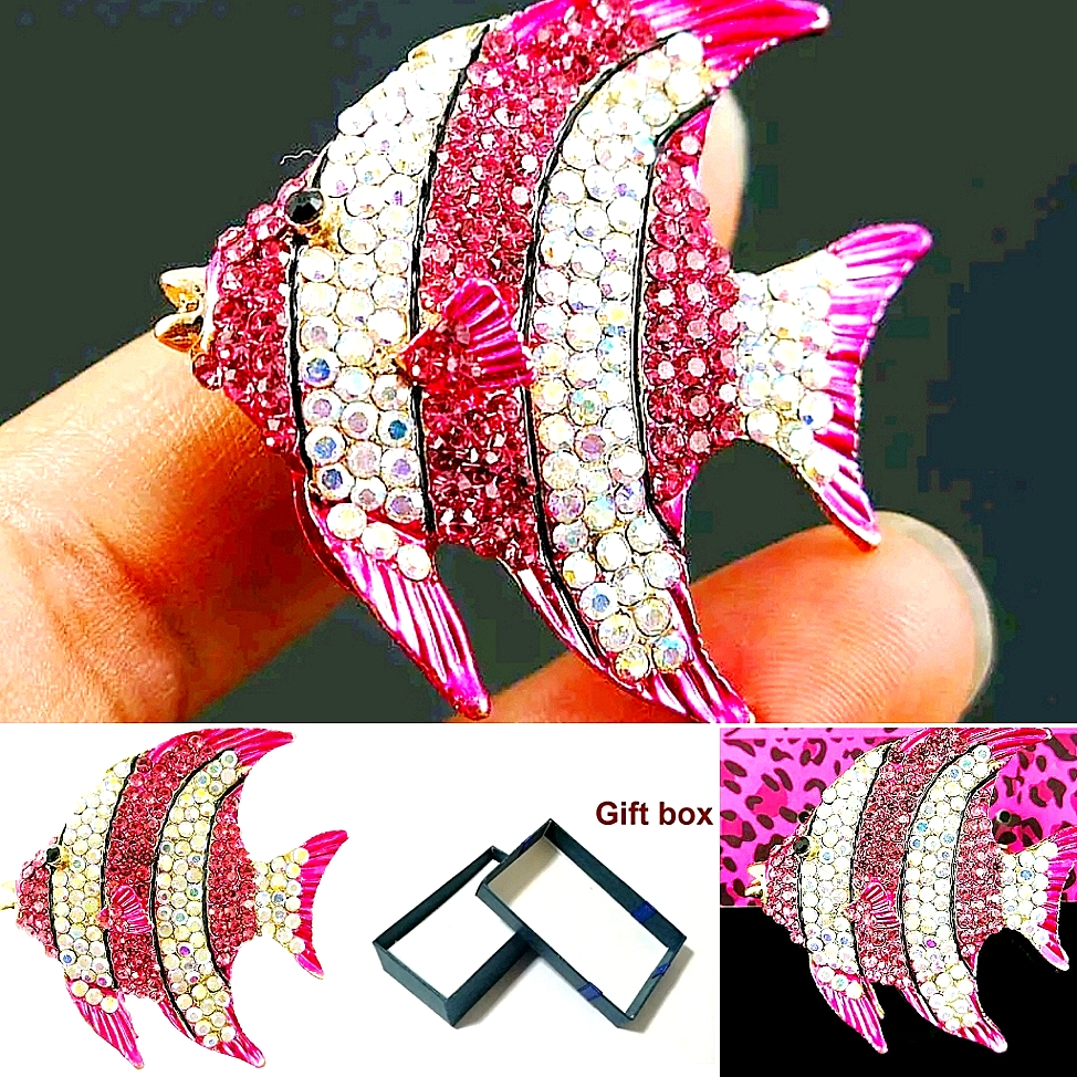 Gold Pink And White Crystal Angel Fish Brooch
